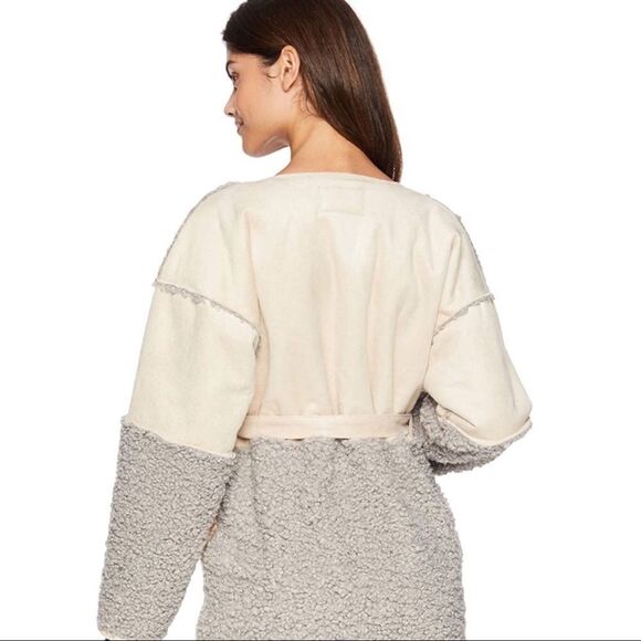 Ivory Suede Leather Gray Sherpa Front Pockets Winter Wrap Coat by Lucky Brand - Picture 2 of 4